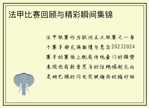 法甲比赛回顾与精彩瞬间集锦